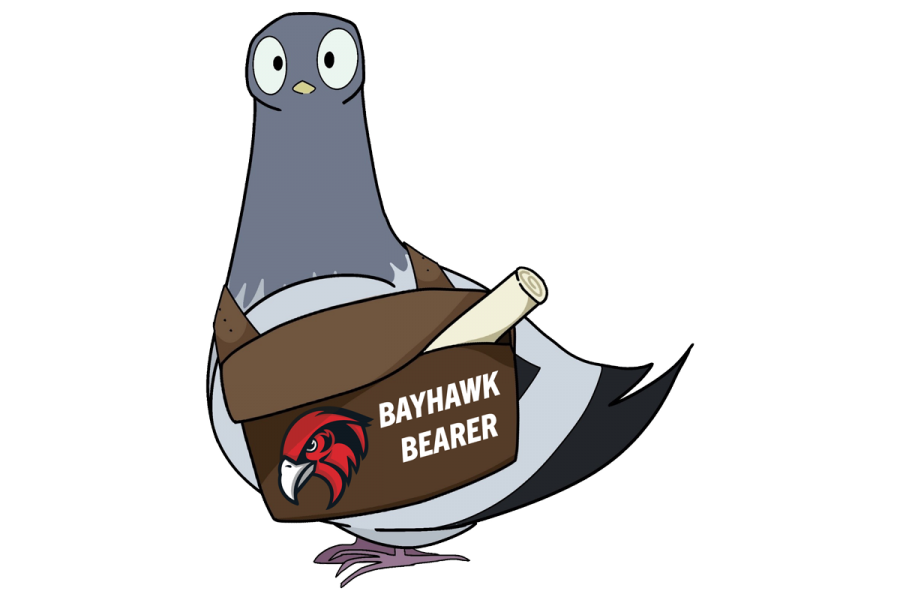 Cartoon drawing of a pigeon carrying a satchel with a newspaper in it. The satchel reads Bayhawk Bearer.