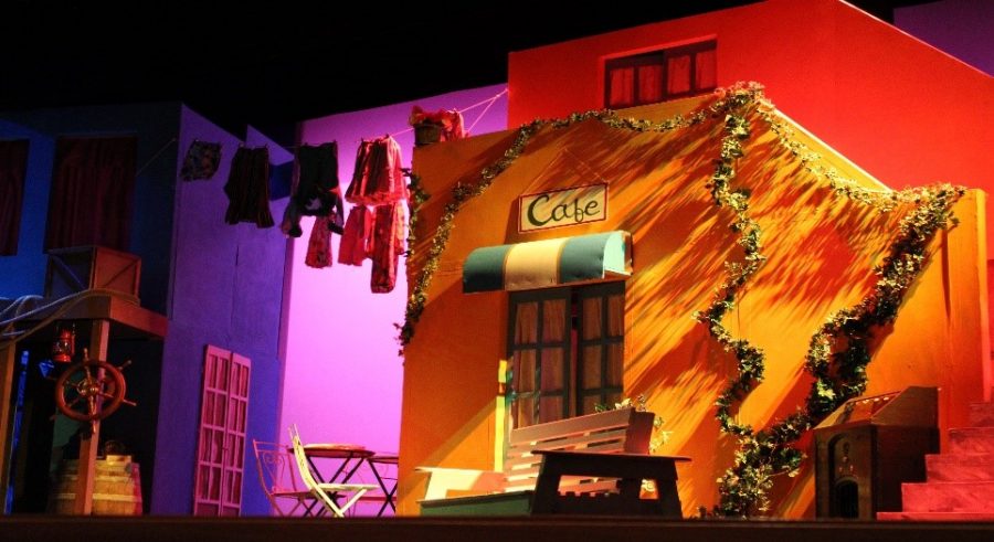 Set for the stage play Scapino! including a cafe and clothesline